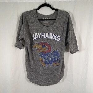 Kansas Jayhawks Shirt Women's Medium Grey Bedazzled Crew Neck Cotton Blenf